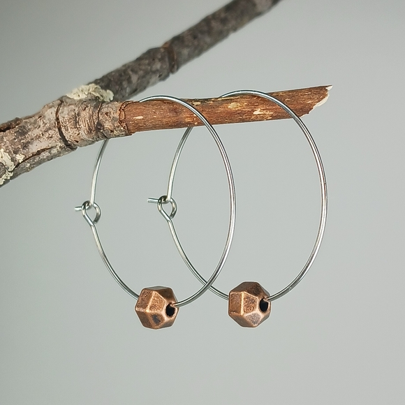 Hand Crafted Jewelry - HAND CRAFTED Stainless Steel Copper Minimalist Modern Mixed Metal Hoop Earrings